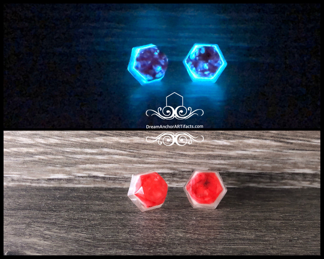 Red hexes-blue glow earrings